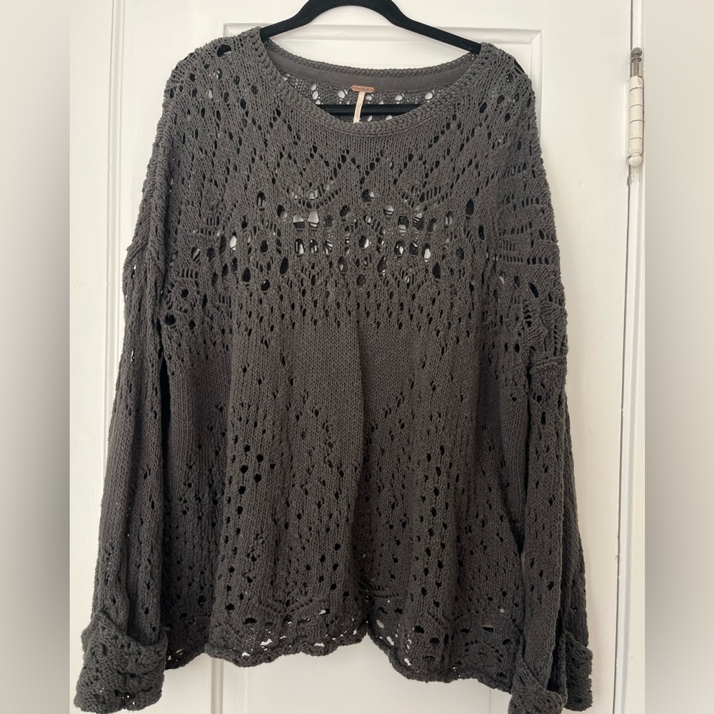 Free People Charcoal Open-Knit Scoop-Neck Sweater